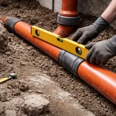 Ręce w rękawiczkach ustawiają poziomicę na pomarańczowej rurze 110, by zapewnić jej minimalny spadek.