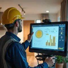 Specjalista w żółtym kasku analizuje dane na ekranie, szukając informacji, ile kosztuje audyt energetyczny.