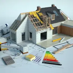 Model domu w budowie, plany, materiały budowlane i kalkulator. Trwa dobudowa do domu, planowanie i realizacja.