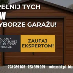 Brązowy garaż z napisem "Nie popełnij tych 3 błędów przy wyborze garażu!". Zaufaj ekspertom Robexstal.