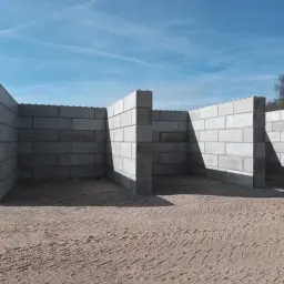 Budowa muru oporowego z bloczków betonowych. Konstrukcja w kształcie litery L, z widocznymi cieniami na piasku.