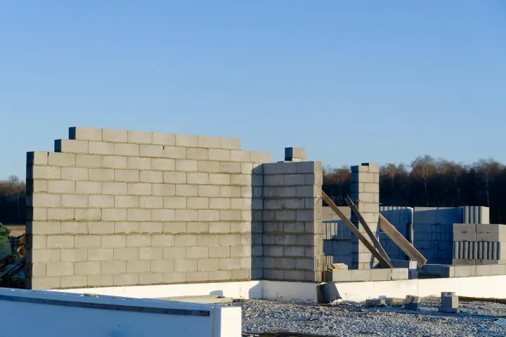 Budowa domu w toku. Wzniesiona ściana nośna z bloczków betonowych, w tle kolejne elementy konstrukcji i las.