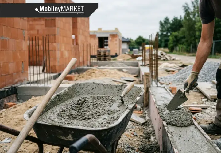 Budowa fundamentów: w taczce świeży beton, a pracownik ręką z kielnią układa go w szalunku. Jaki cement na fundament? Tu widać pracę z betonem.