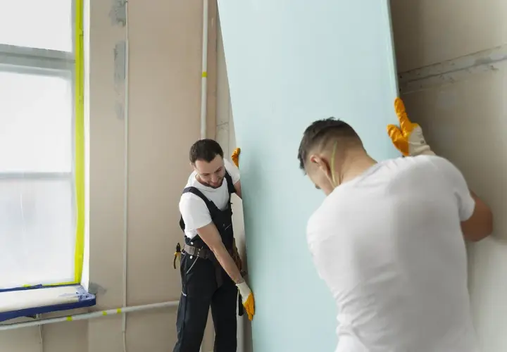 Dwóch budowlańców w rękawiczkach montuje dużą, jasnoniebieską płytę gipsowo-kartonową, wykonując łączenie płyt gk.