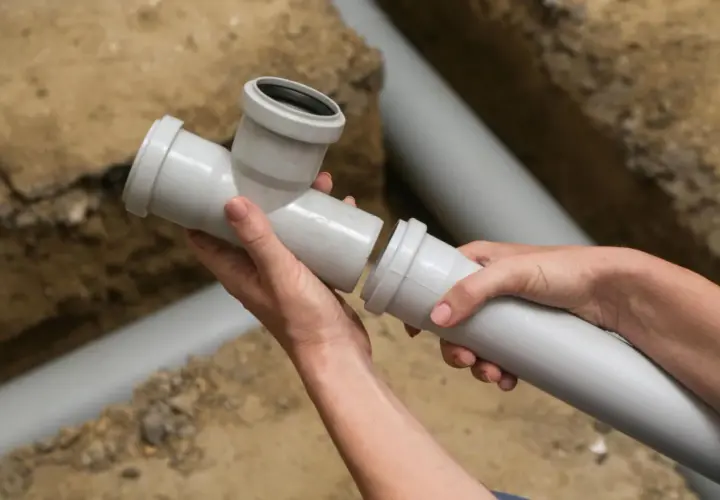 Montaż elementów instalacji wodnej w domu. Dwie ręce łączą szare rury kanalizacyjne, tworząc system odprowadzania wody.