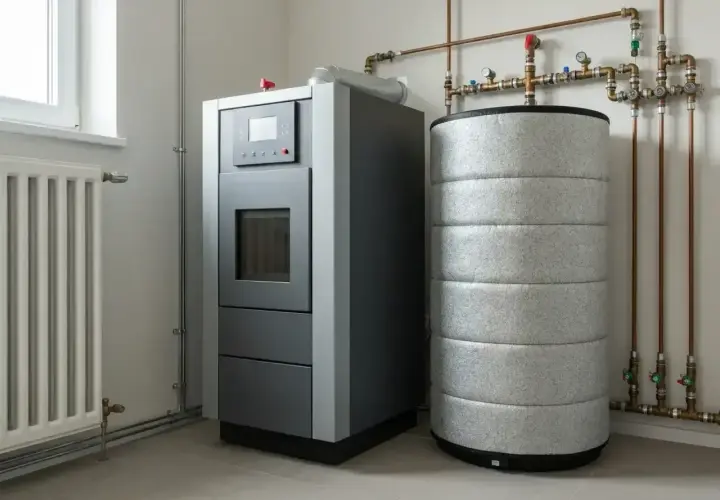 Nowoczesny piec na pellet z zasobnikiem i buforem do pieca na pellet, podłączony do instalacji grzewczej.