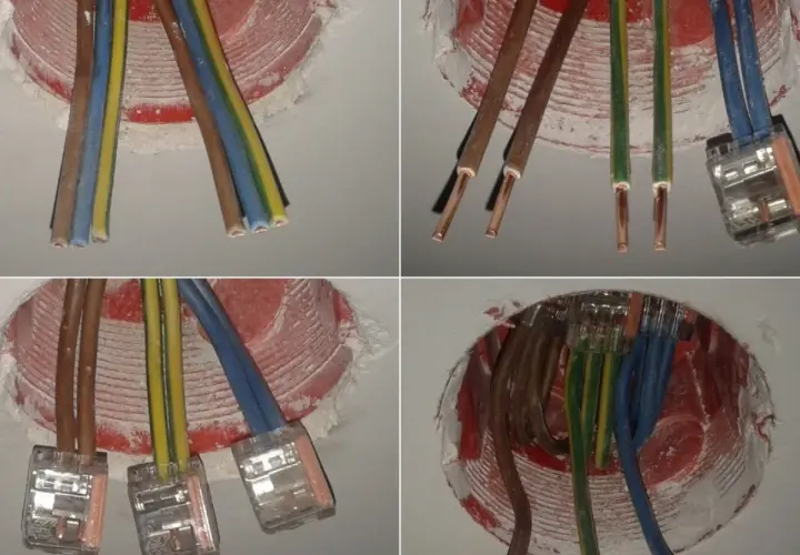 Instalacja elektryczna bezpuszkowa: przewody wchodzą do okrągłego otworu, połączone złączkami.