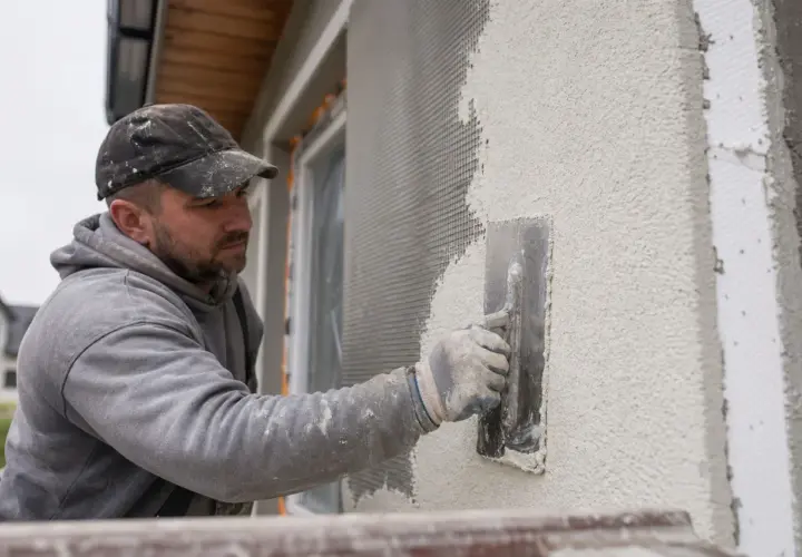 Budowlaniec nakłada tynk na elewację domu, używając kielni. Wybór odpowiedniego tynku na elewację jest kluczowy dla trwałości i wyglądu budynku.