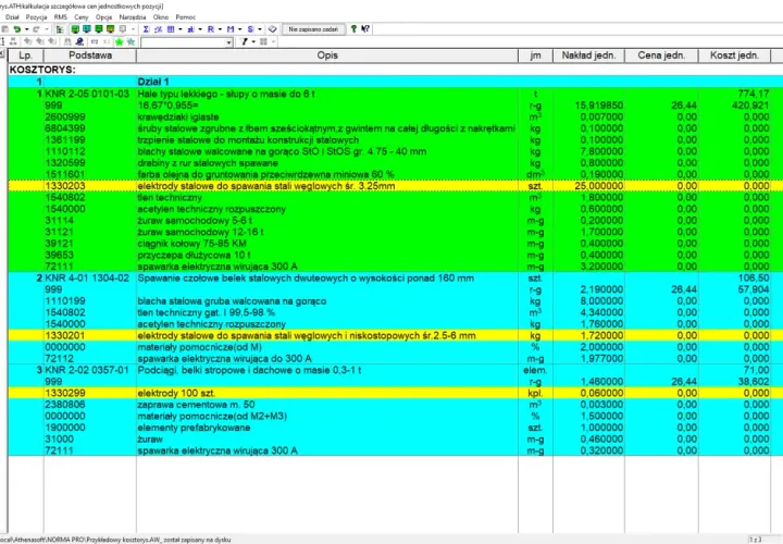 KNR: lista materiałów budowlanych, w tym elektrody stalowe do spawania, blacha, tlen i acetylen.