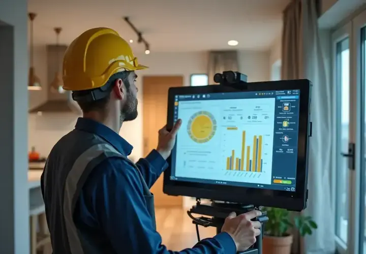 Specjalista w żółtym kasku analizuje dane na ekranie, szukając informacji, ile kosztuje audyt energetyczny.