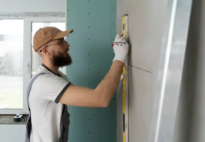 Budowlaniec w czapce i okularach z libellą zaznacza linię na płycie GK. Precyzyjne klejenie płyt GK na ściany to klucz do równego wykończenia.