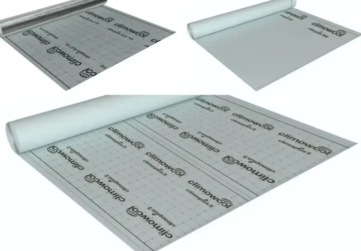 Rolki materiału budowlanego, w tym paroizolacja z nadrukiem "climowool".