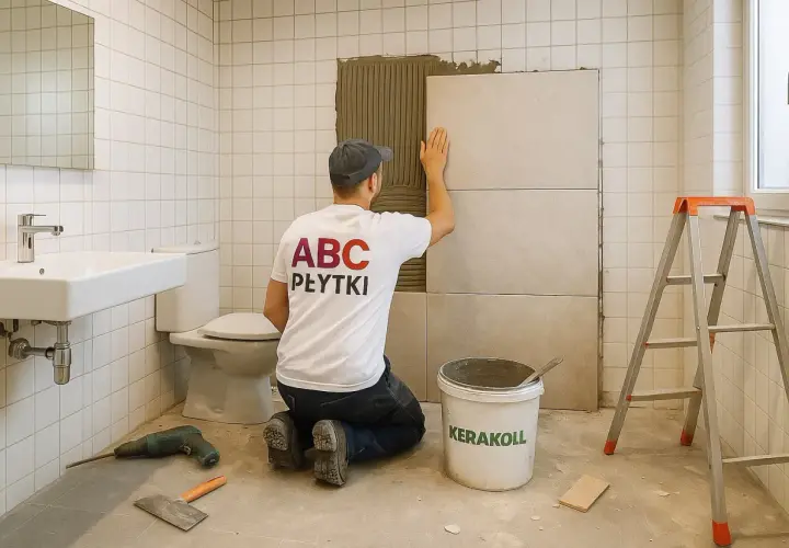 Fachowiec z koszulką "ABC PŁYTKI" układa płytki na płytki w łazience. Obok wiadro z klejem i drabina.