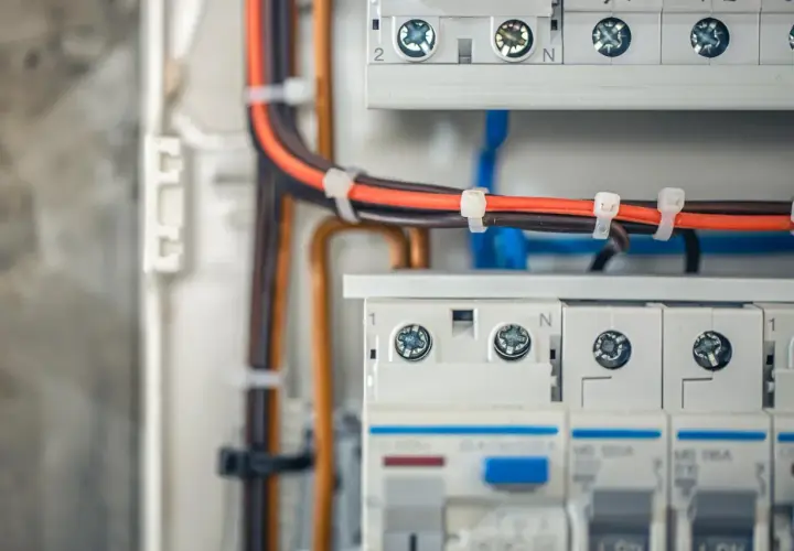 W skrzynce elektrycznej widać uporządkowane **bruzdowanie pod kable**, które biegną do bezpieczników i wyłączników.