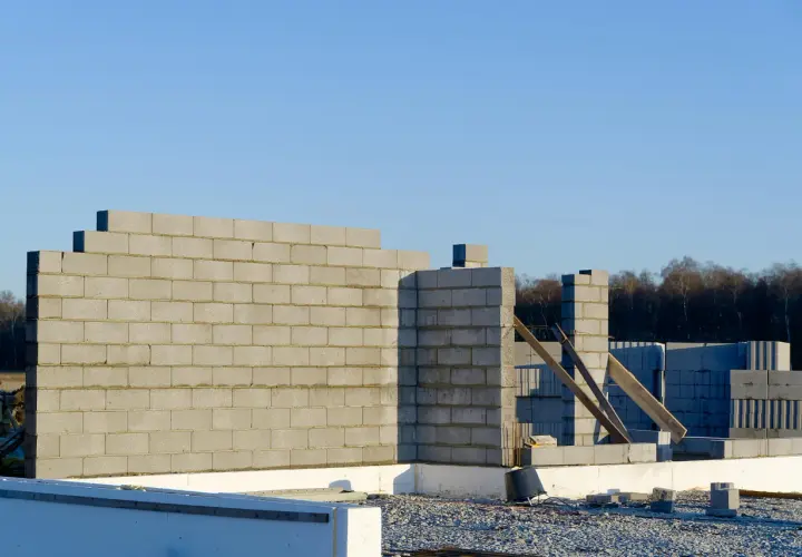 Budowa domu w toku. Wzniesiona ściana nośna z bloczków betonowych, w tle kolejne elementy konstrukcji i las.