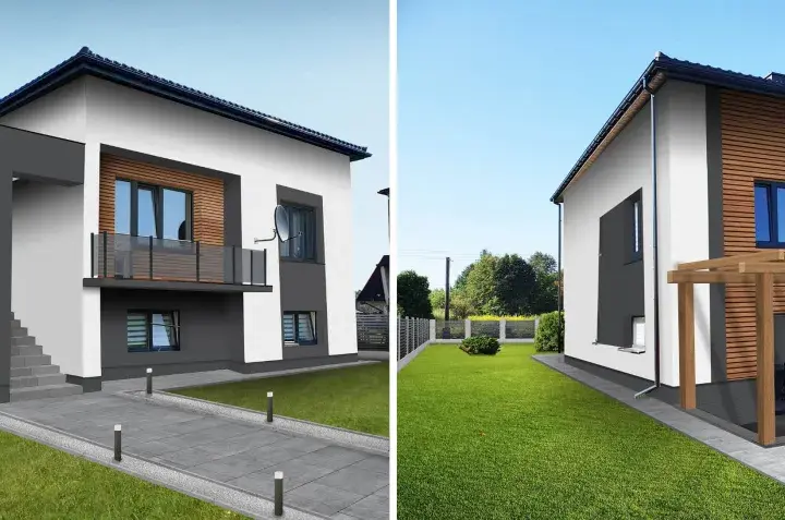 Nowoczesne elewacje domów z lat 70-tych, z elementami drewna i betonu, otoczone zielonym ogrodem.