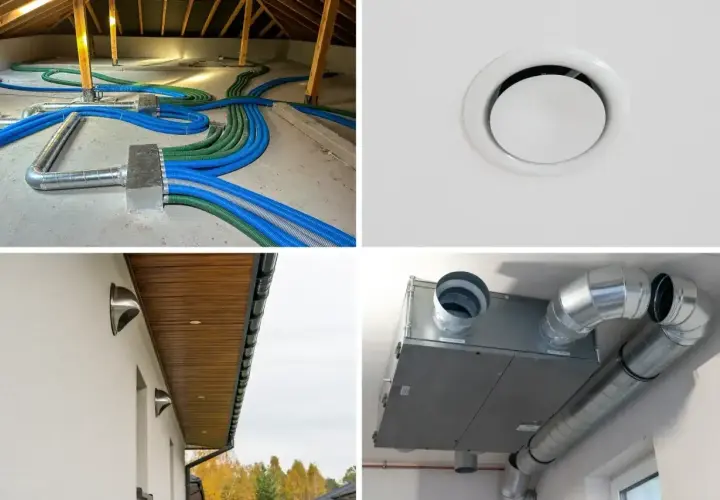 System wentylacji mechanicznej z odzyskiem ciepła: czerpnia i wyrzutnia powietrza na zewnątrz, rozdzielacze i kanały wewnątrz.