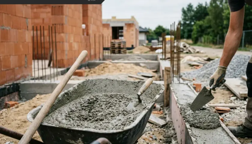 Budowa fundamentów: w taczce świeży beton, a pracownik ręką z kielnią układa go w szalunku. Jaki cement na fundament? Tu widać pracę z betonem.