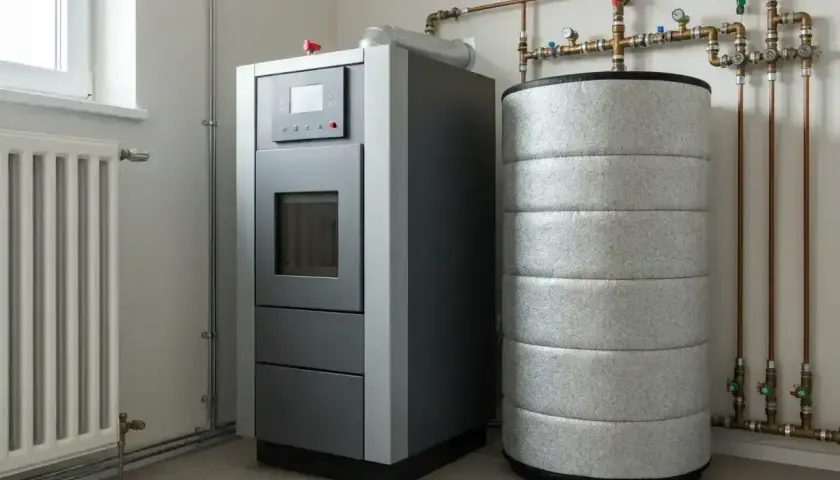 Nowoczesny piec na pellet z zasobnikiem i buforem do pieca na pellet, podłączony do instalacji grzewczej.