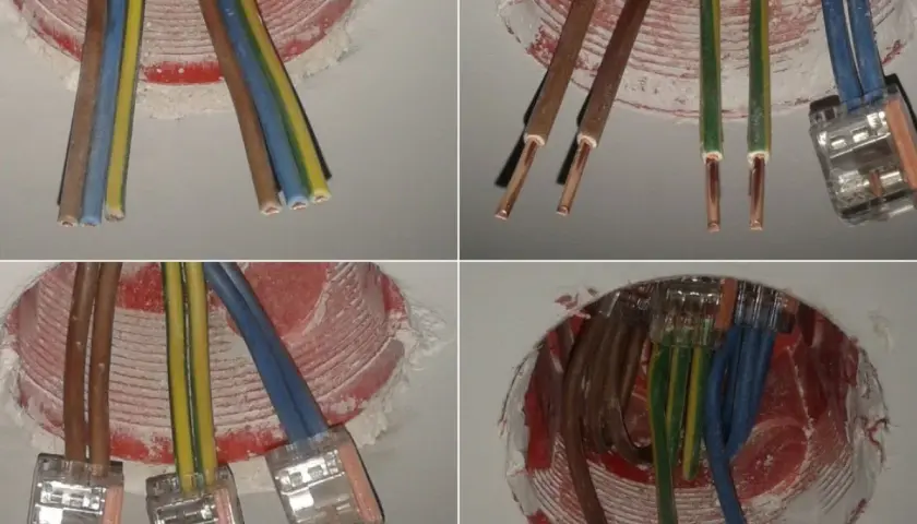 Instalacja elektryczna bezpuszkowa: przewody wchodzą do okrągłego otworu, połączone złączkami.