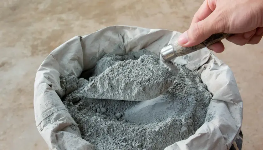 Łopatka nabiera cement do wylewki z worka. Ile łopat piasku na worek cementu do wylewki?