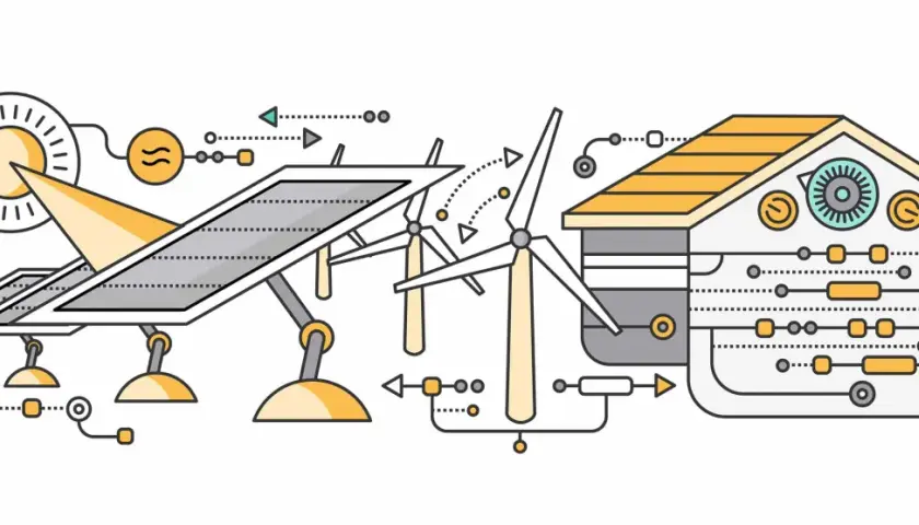 Ilustracja przedstawia schemat działania domu pasywnego: panele słoneczne i turbiny wiatrowe dostarczają energię do inteligentnego budynku.