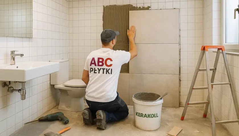 Fachowiec z koszulką "ABC PŁYTKI" układa płytki na płytki w łazience. Obok wiadro z klejem i drabina.