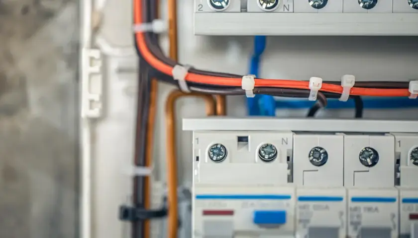 W skrzynce elektrycznej widać uporządkowane **bruzdowanie pod kable**, które biegną do bezpieczników i wyłączników.