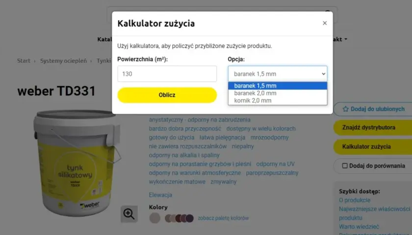 Kalkulator zużycia: podaj powierzchnię (m²) i wybierz opcję, by sprawdzić, ile materiału potrzebujesz.