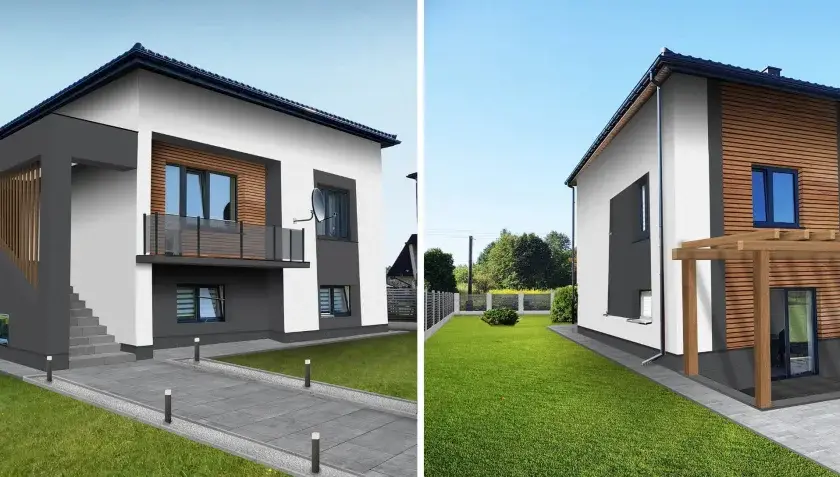 Nowoczesne elewacje domów z lat 70-tych, z elementami drewna i betonu, otoczone zielonym ogrodem.