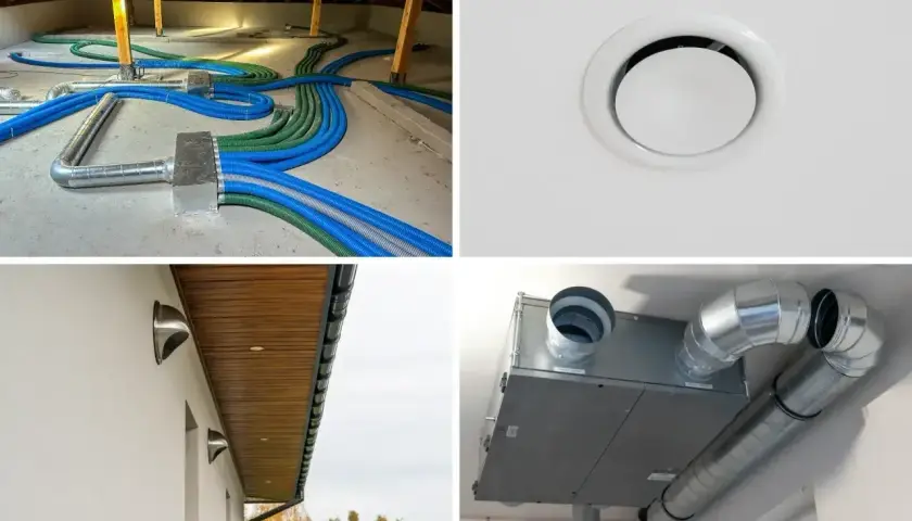 System wentylacji mechanicznej z odzyskiem ciepła: czerpnia i wyrzutnia powietrza na zewnątrz, rozdzielacze i kanały wewnątrz.