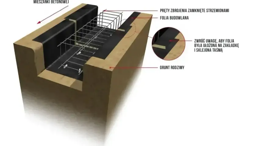 Zbrojenie ławy fundamentowej 40x60 z prętami zamkniętymi strzemionami, folią budowlaną i gruntem rodzimym. Beton płynie w kierunku strzałki.