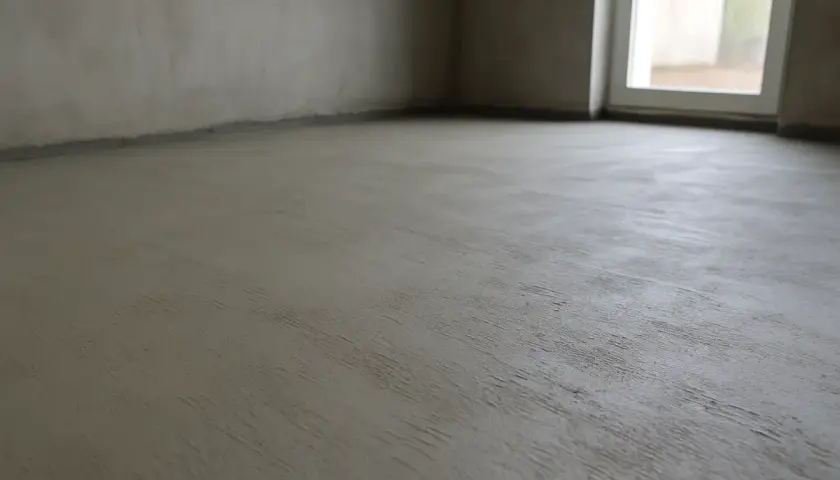 Świeżo wylana podłoga cementowa w pustym pomieszczeniu z oknem.