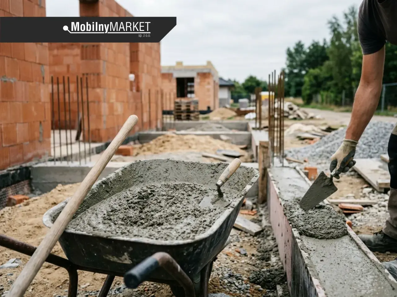 Budowa fundamentów: w taczce świeży beton, a pracownik ręką z kielnią układa go w szalunku. Jaki cement na fundament? Tu widać pracę z betonem.