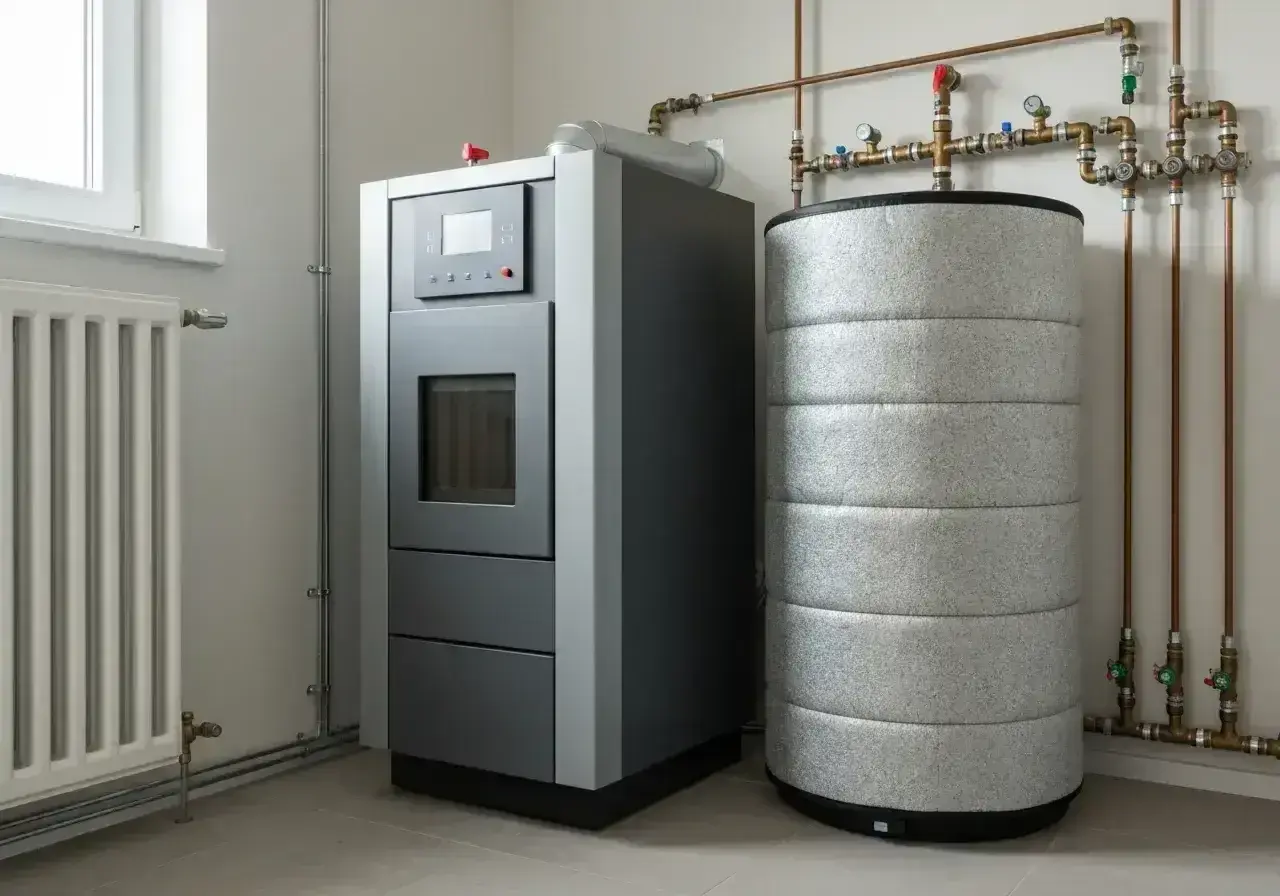 Nowoczesny piec na pellet z zasobnikiem i buforem do pieca na pellet, podłączony do instalacji grzewczej.