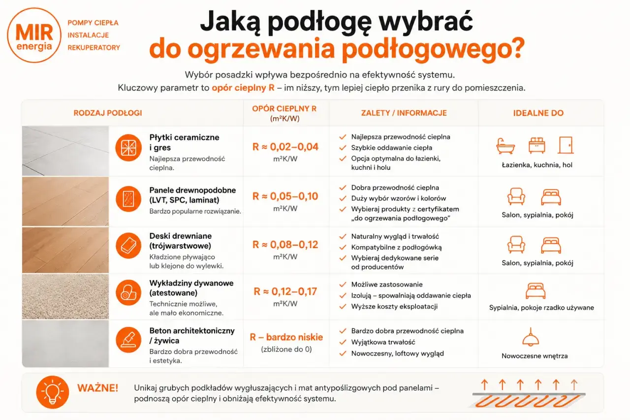 Tabela porównuje rodzaje podłóg pod kątem oporu cieplnego, pomagając wybrać najlepszą opcję do ogrzewania podłogowego.