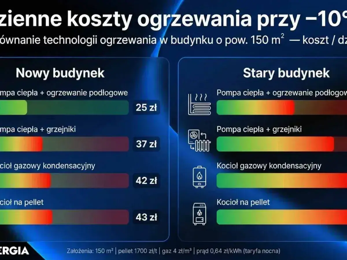Porównanie kosztów ogrzewania: nowy vs stary budynek. Kocioł gazowy kondensacyjny jest droższy od pompy ciepła.