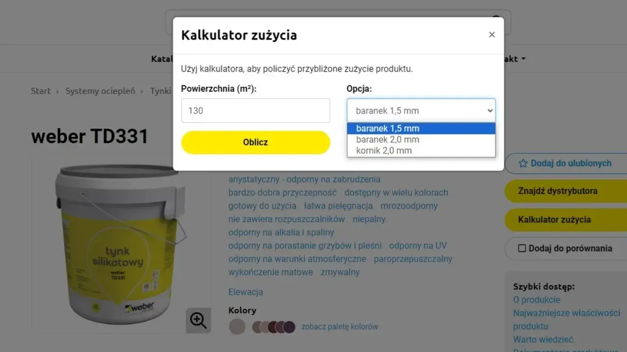 Kalkulator zużycia: podaj powierzchnię (m²) i wybierz opcję, by sprawdzić, ile materiału potrzebujesz.