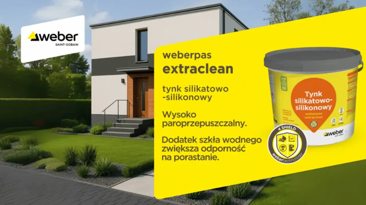 Nowoczesny dom z tynkiem silikatowo-silikonowym Weberpas extraclean. Poznaj rodzaje tynków zewnętrznych, które chronią przed porastaniem.